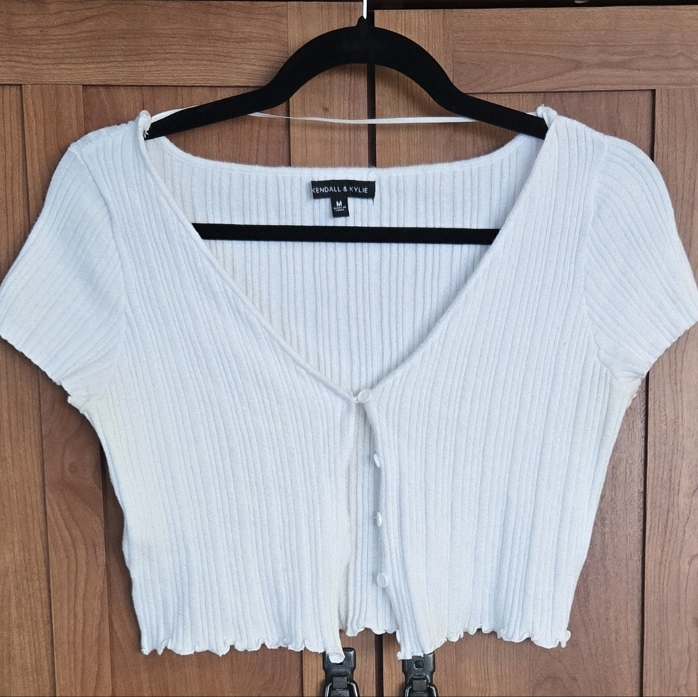 Kendall & Kylie Cream Ribbed Cropped Cardigan